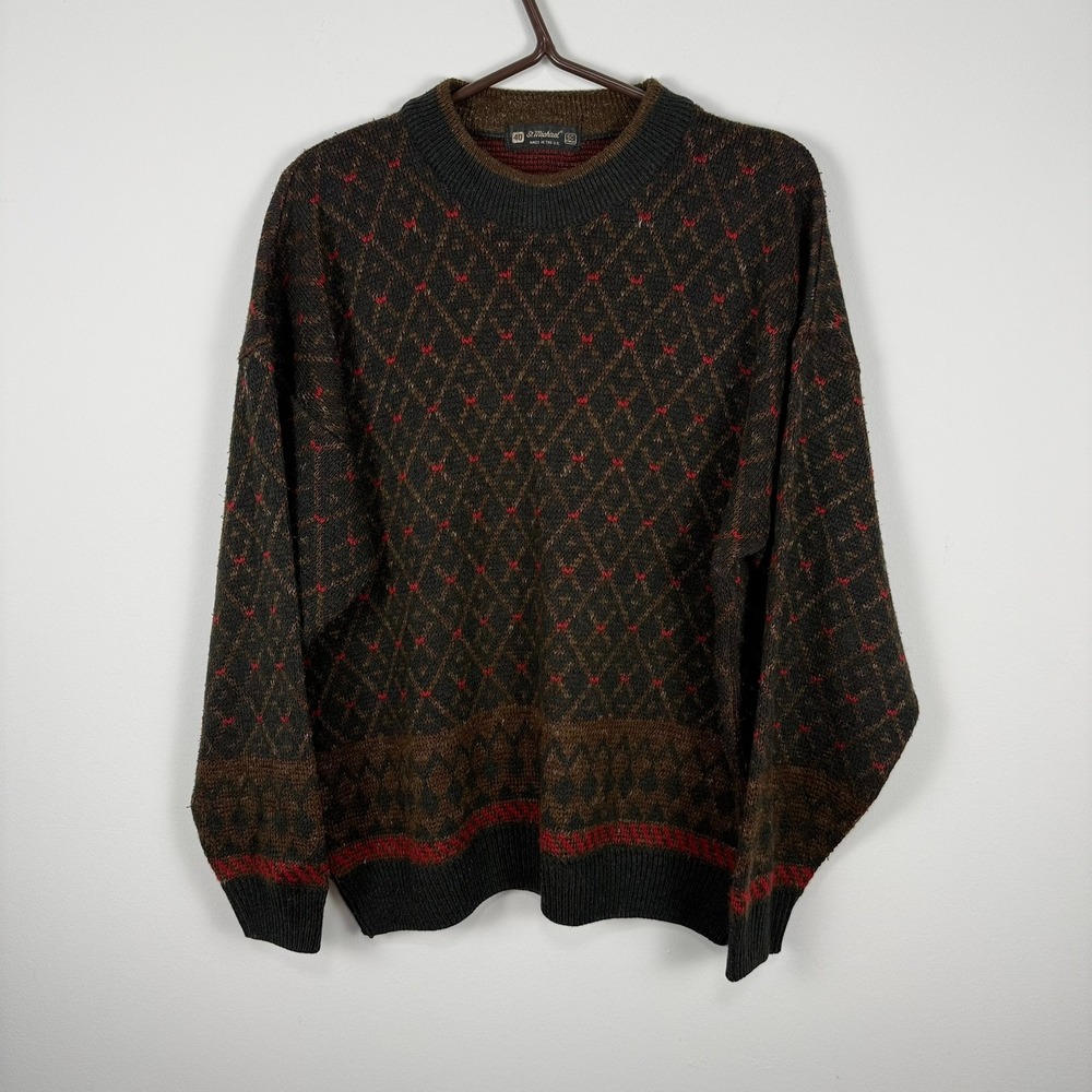 80s Vintage St Michael Mens Brown Diamond Knit‎ Sweater Made in UK Size 40